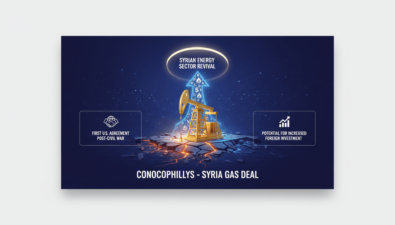 ConocoPhillips logo with a backdrop of Syrian energy infrastructure