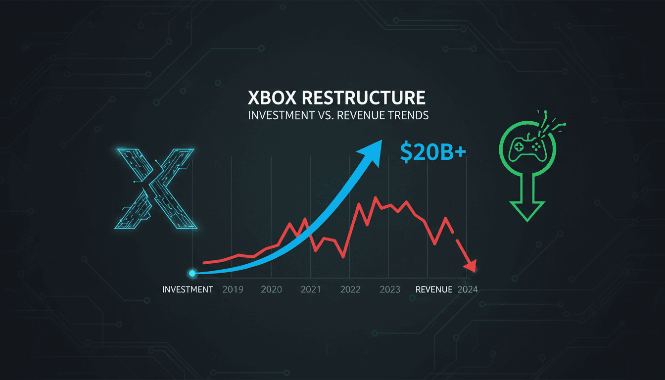 Xbox logo with a backdrop of gaming consoles and studios