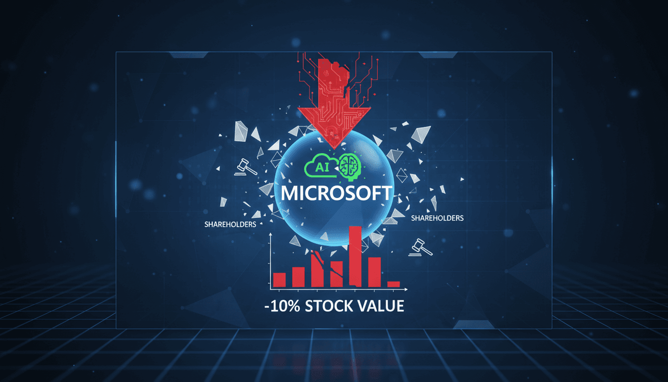 Microsoft logo with a backdrop of stock market graphs and legal documents