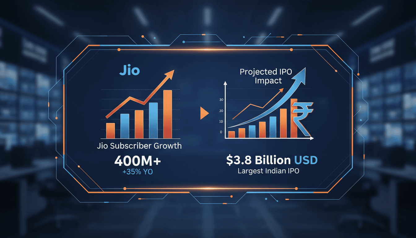Jio Platforms logo with a backdrop of financial charts and graphs