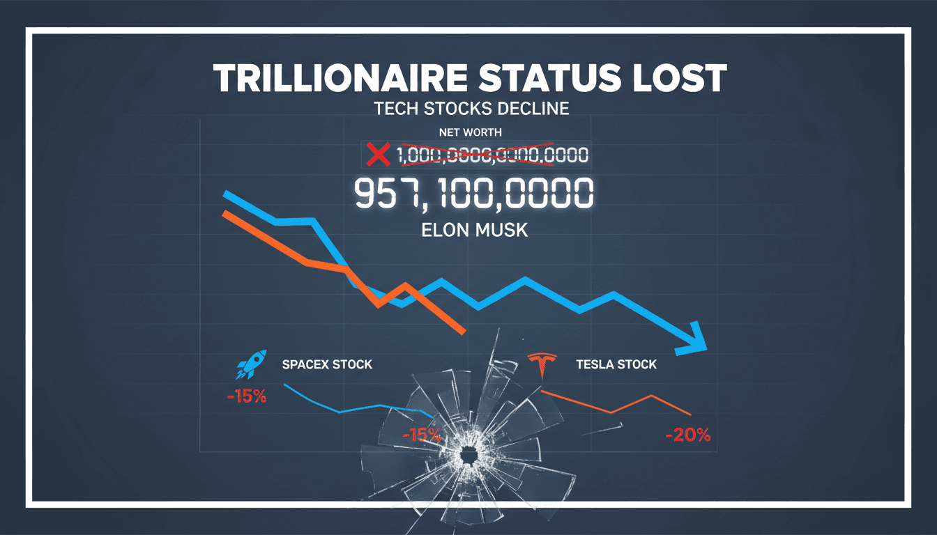 Elon Musk with a backdrop of fluctuating stock market graphs