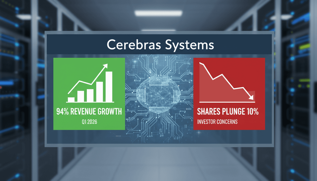 Cerebras Systems logo with a graph showing revenue growth and share price decline.