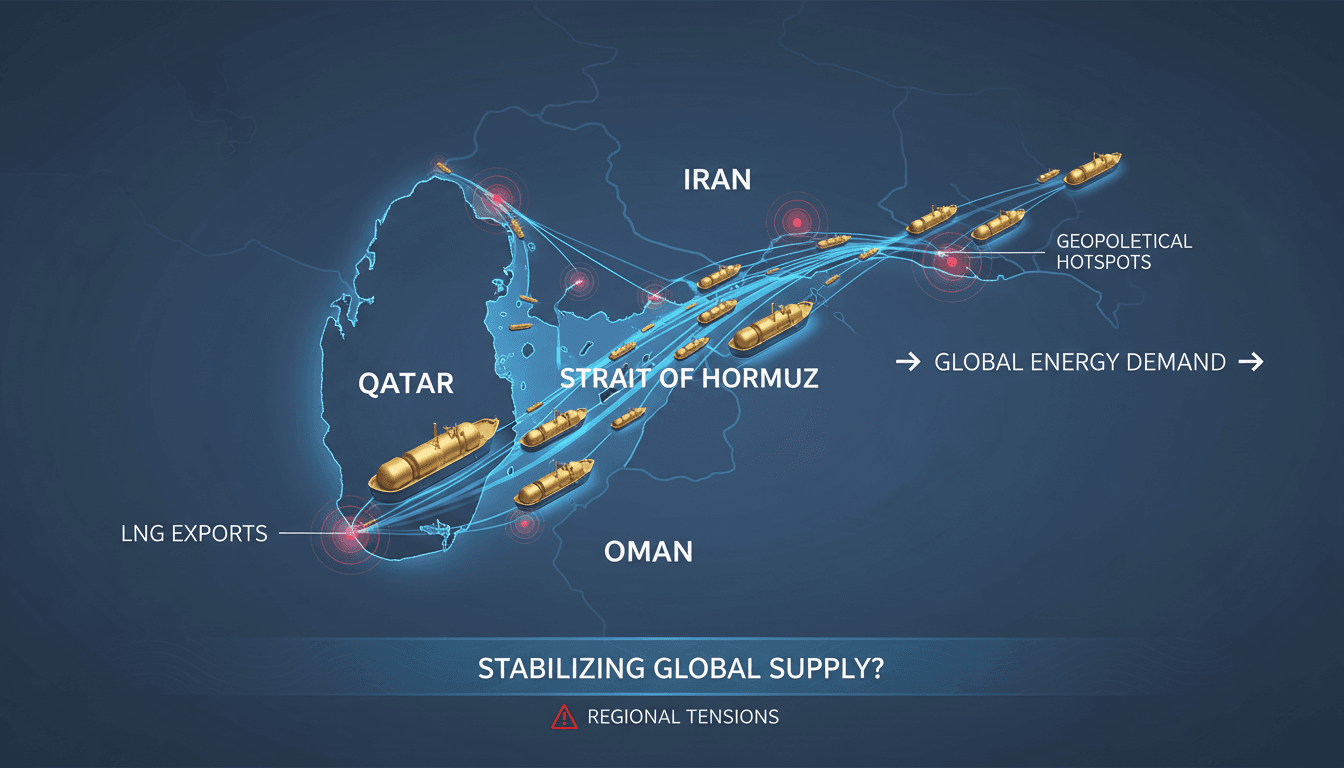 LNG tankers navigating the Strait of Hormuz with geopolitical context
