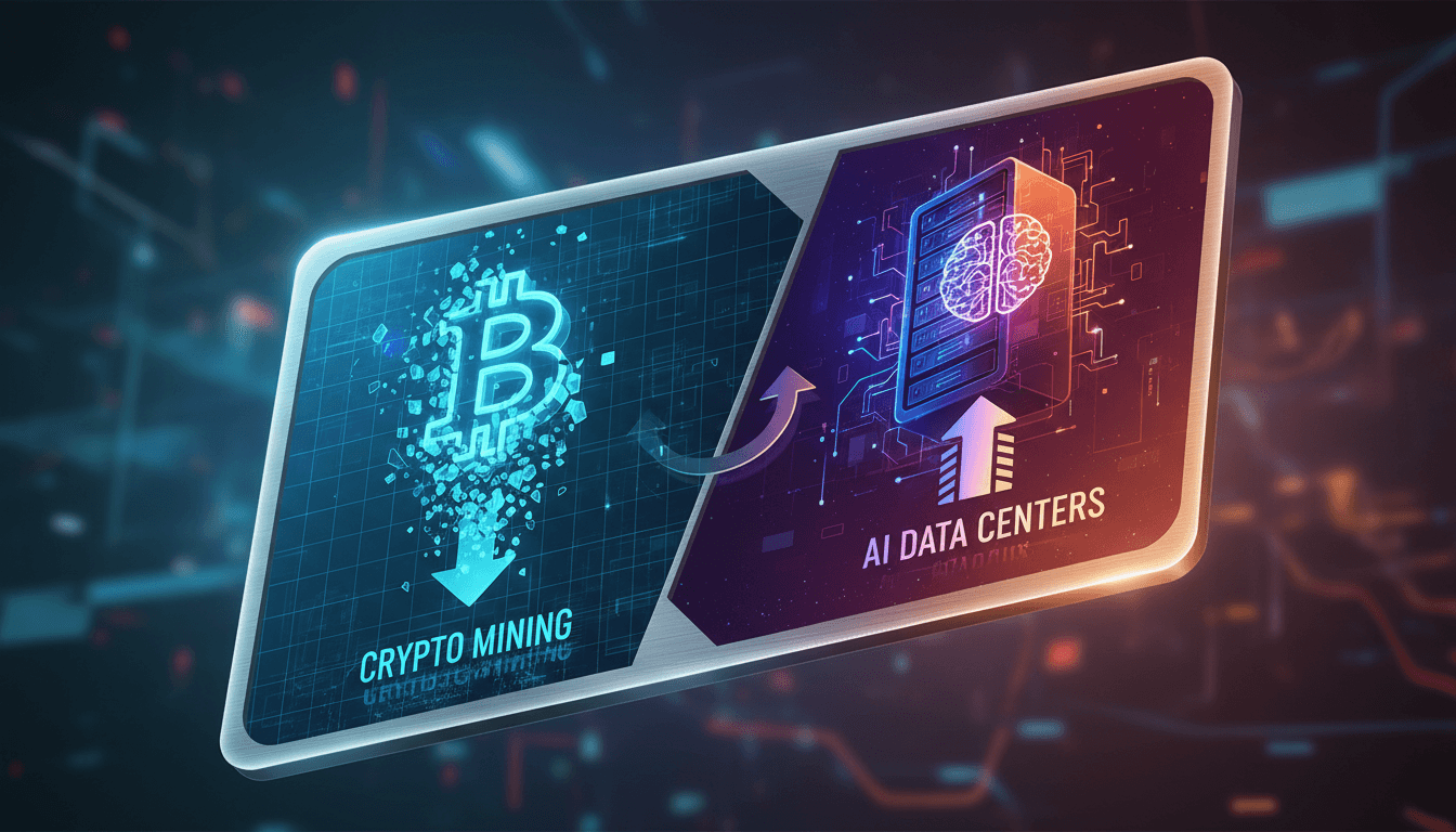 Hut 8 logo with a backdrop of AI data center technology