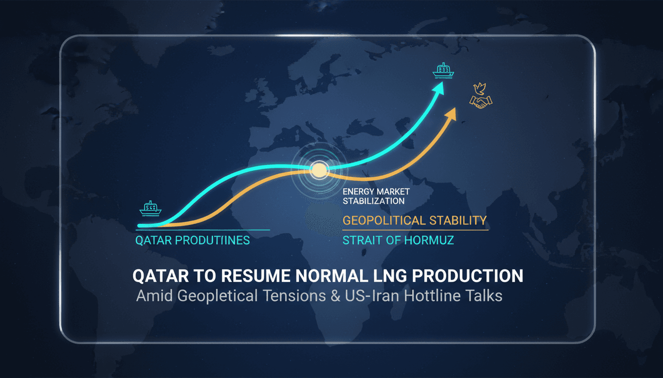 Qatar's LNG production facilities with a backdrop of geopolitical maps.