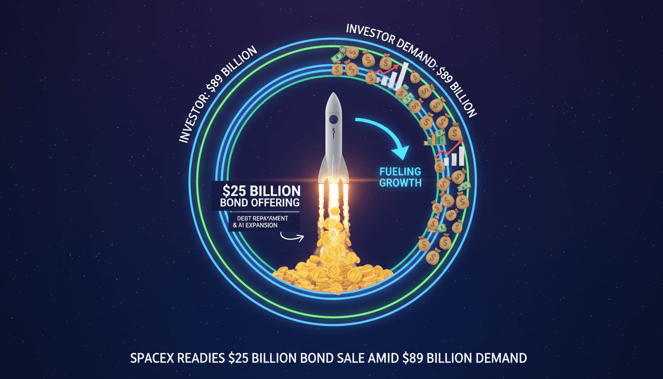 SpaceX logo with a backdrop of financial charts and bond market graphics.