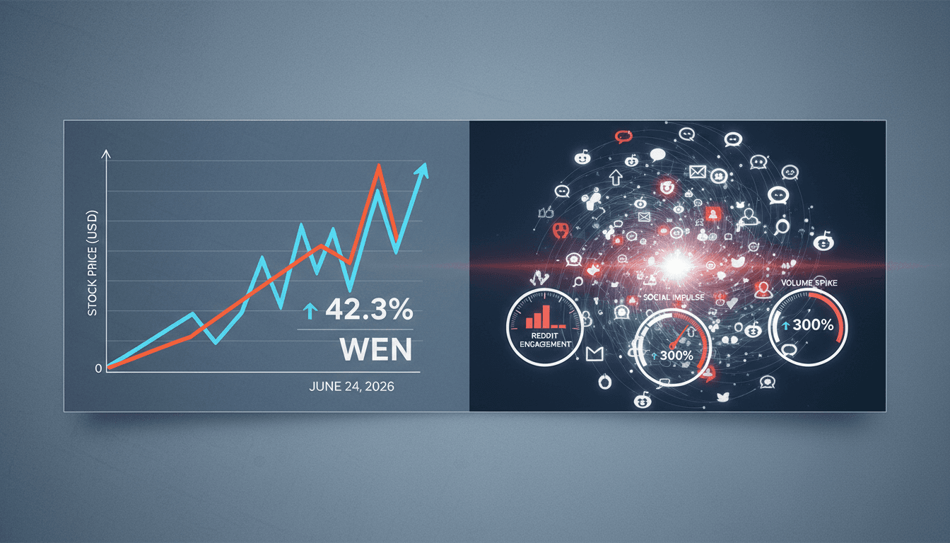 Wendy's logo with stock market graphics illustrating the surge in shares.