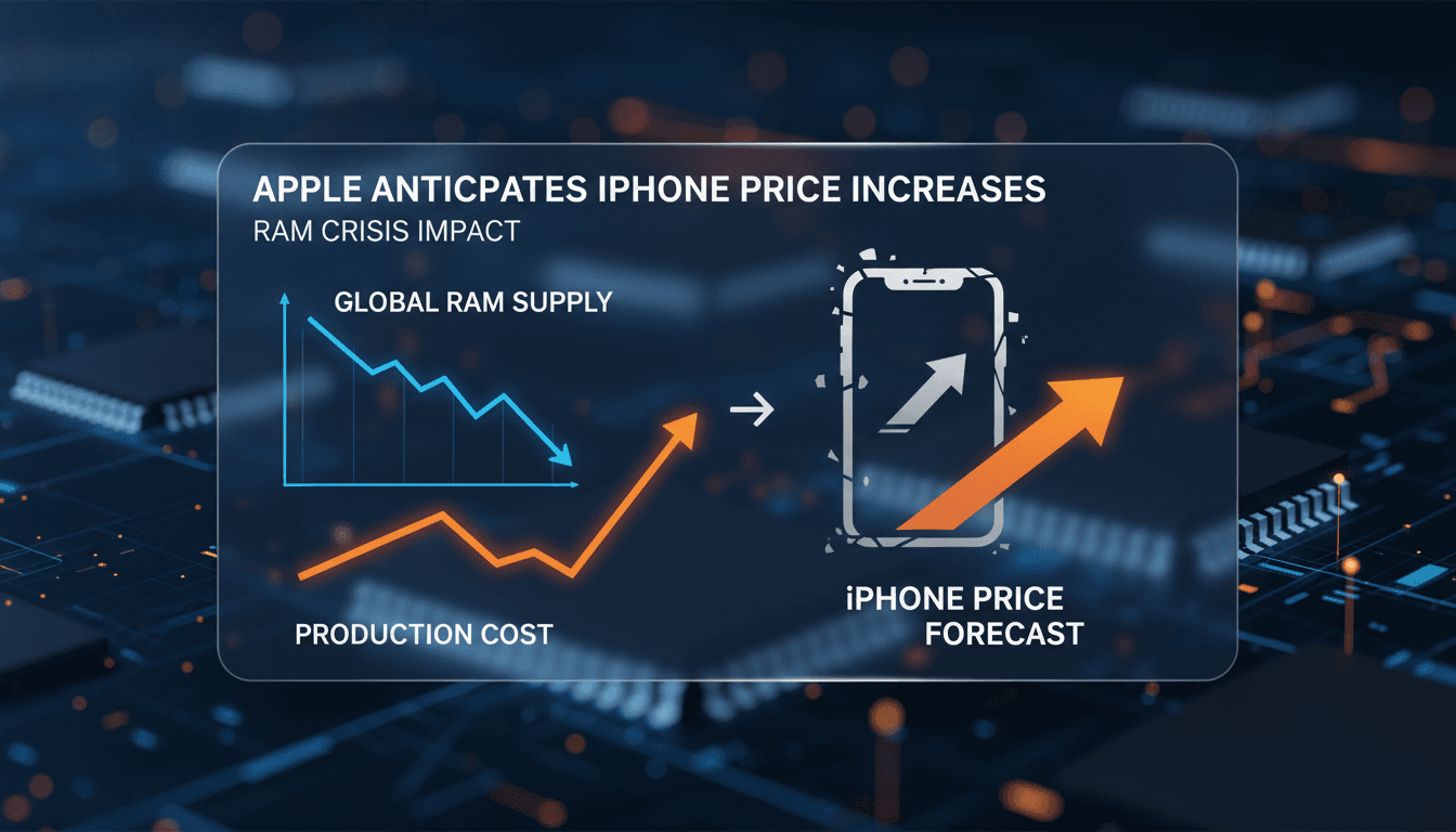 Apple logo with a backdrop of rising prices and RAM chips