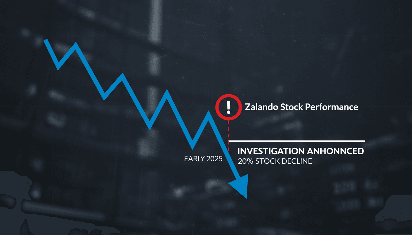 Zalando logo with a stock market decline graph in the background.