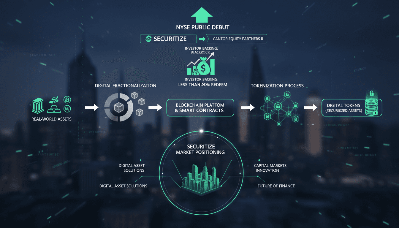 Securitize logo with a backdrop of the New York Stock Exchange