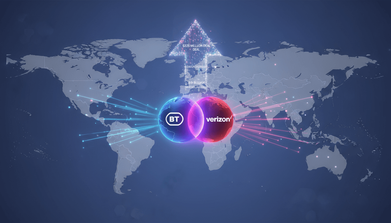 BT and Verizon executives announcing their joint venture for international operations.
