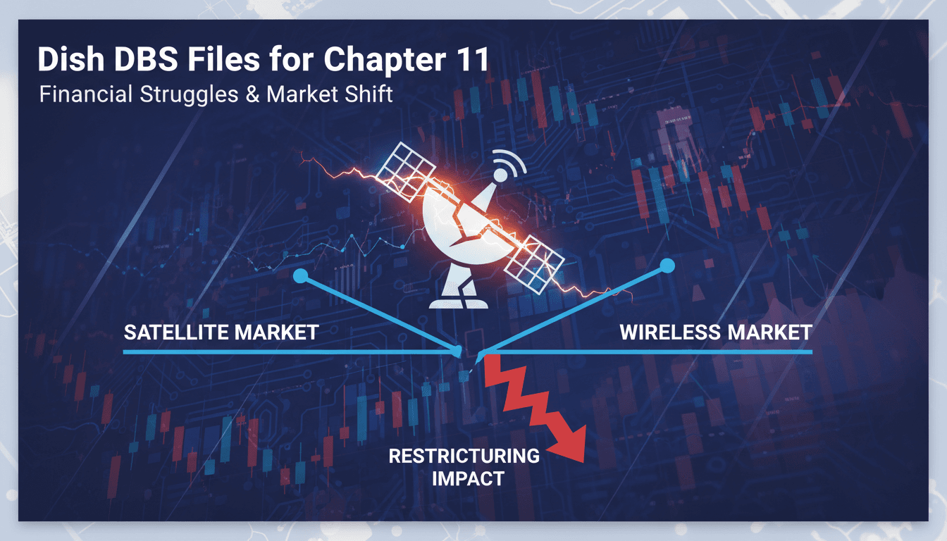 Dish DBS logo with a backdrop of financial charts and graphs