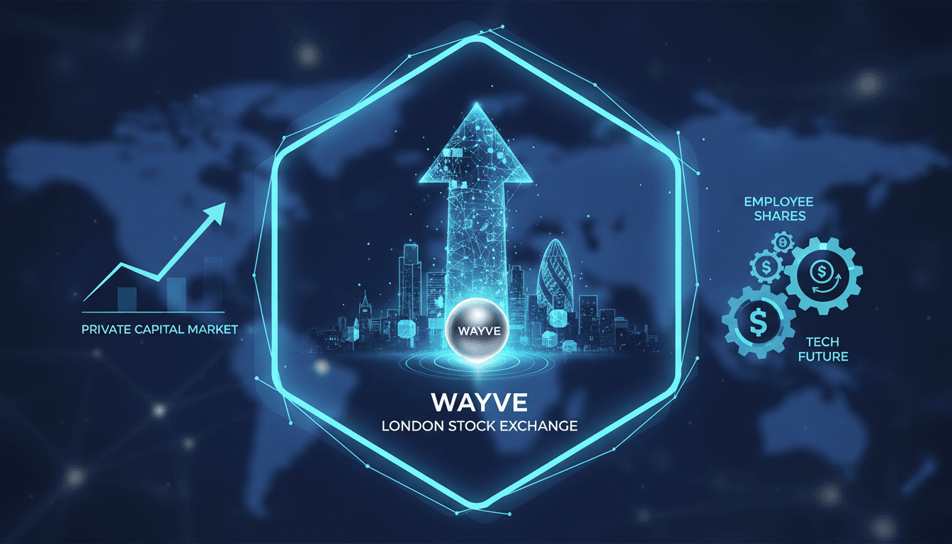 Wayve Technologies logo with a backdrop of the London Stock Exchange