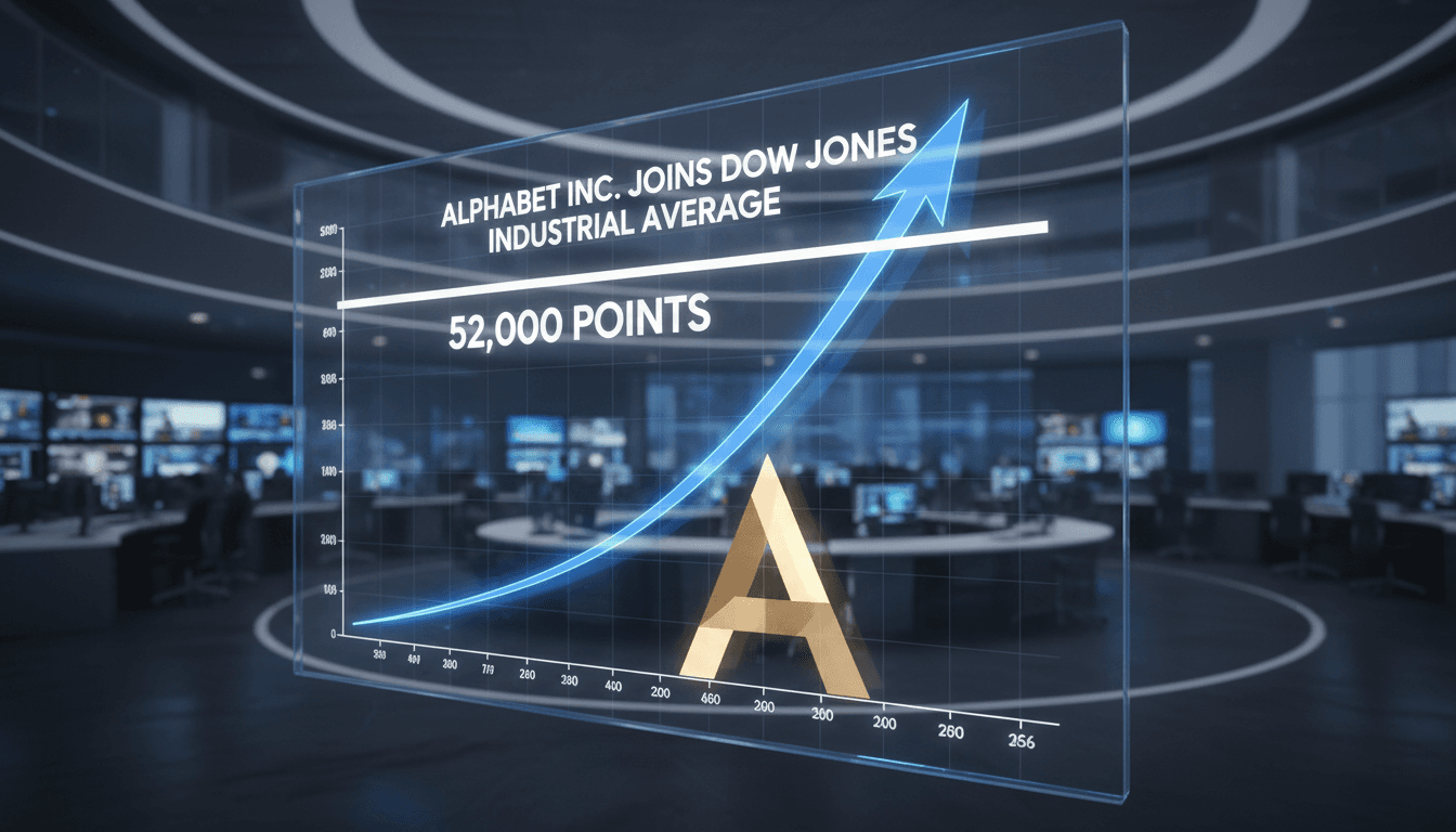 Chart showing the Dow Jones Industrial Average surpassing 52,000 points after Alphabet's inclusion.