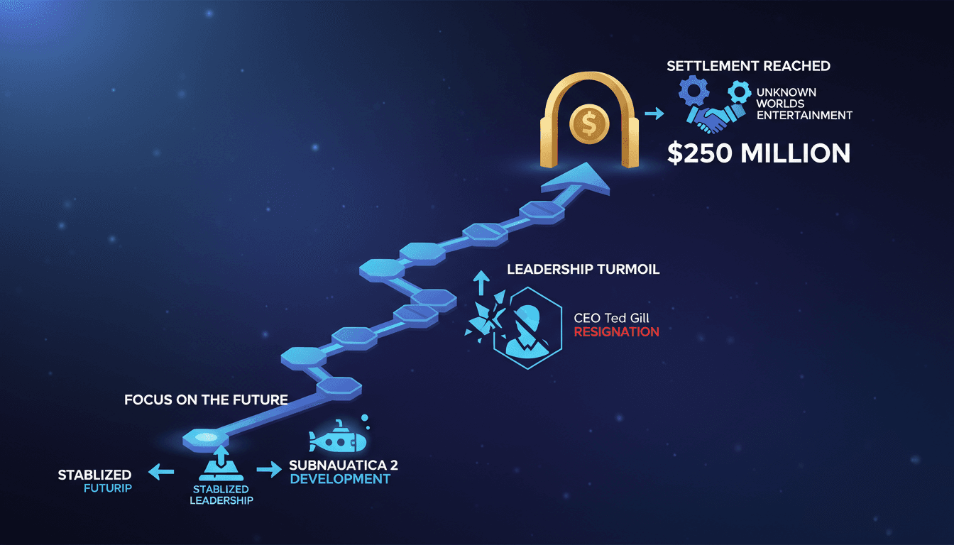 Infographic showing the timeline of Krafton and Unknown Worlds' leadership changes and settlement details.