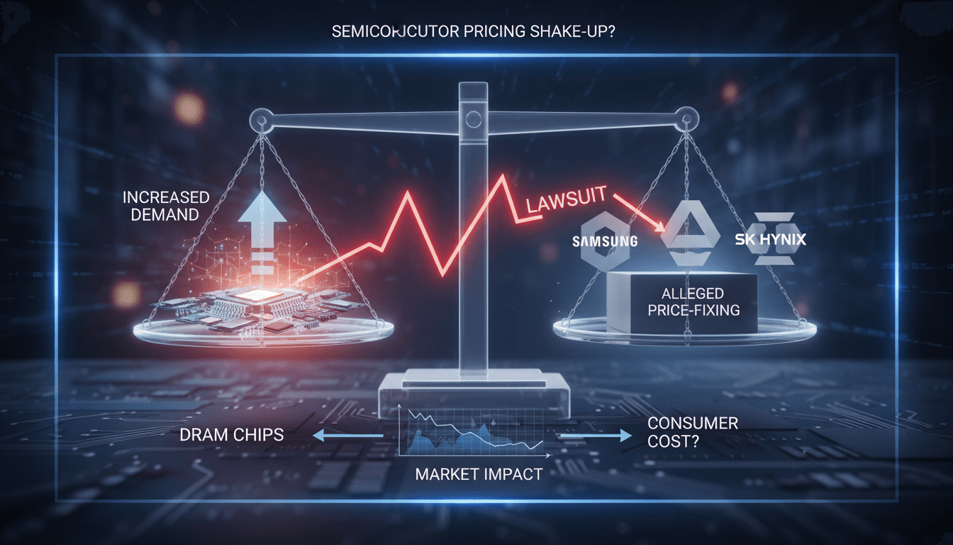 Illustration of a class action lawsuit against major semiconductor manufacturers.