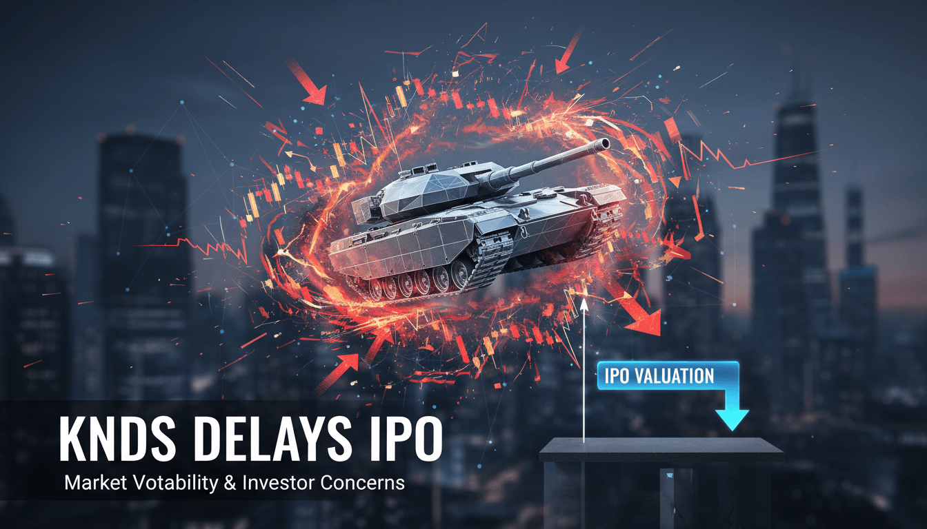 KNDS logo with a backdrop of financial market graphs