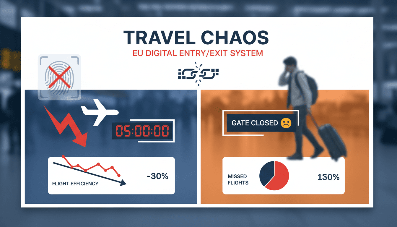 Illustration of long queues at airport border checks due to EES delays.