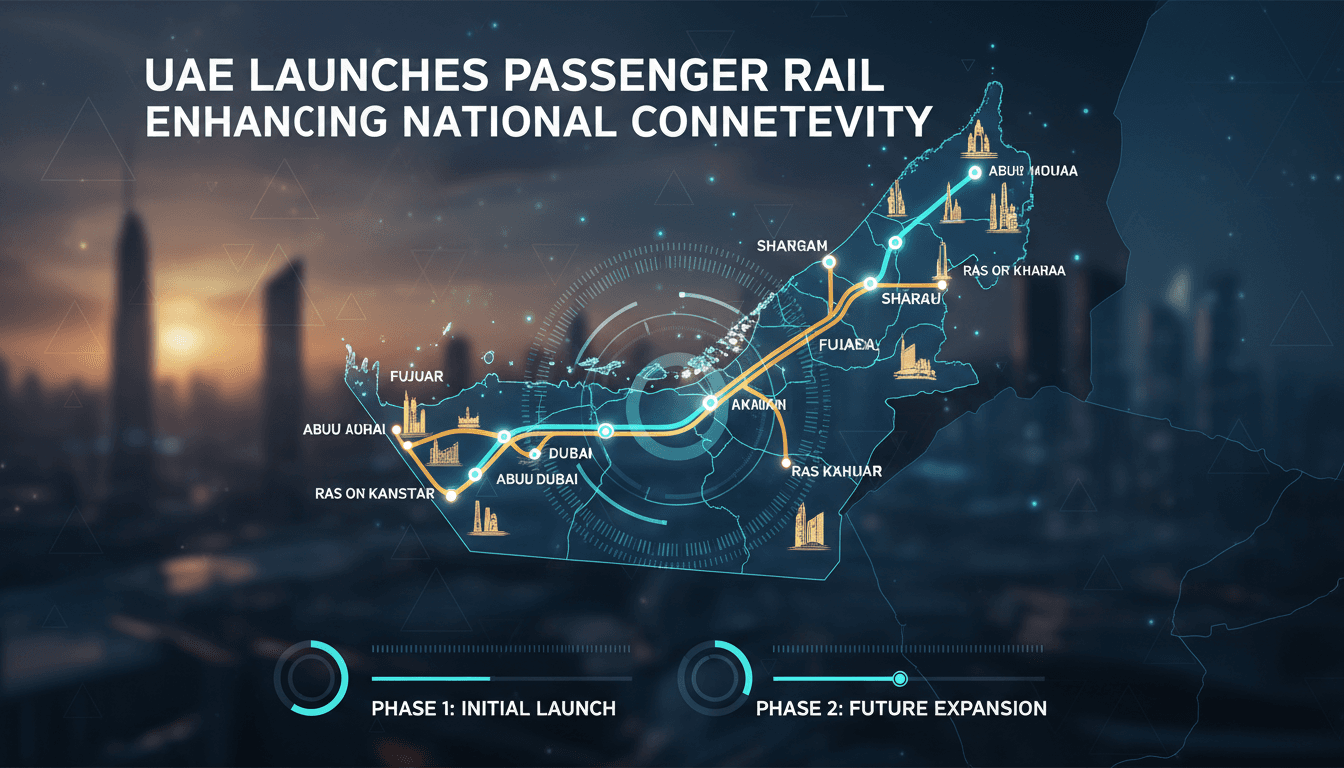 A modern train representing the new passenger rail services in the UAE.