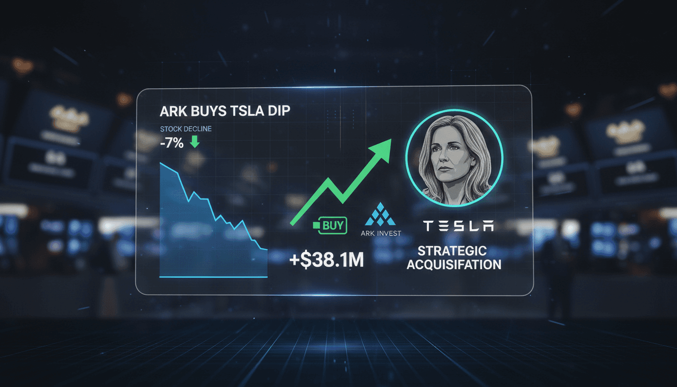 ARK Invest logo with Tesla stock chart background