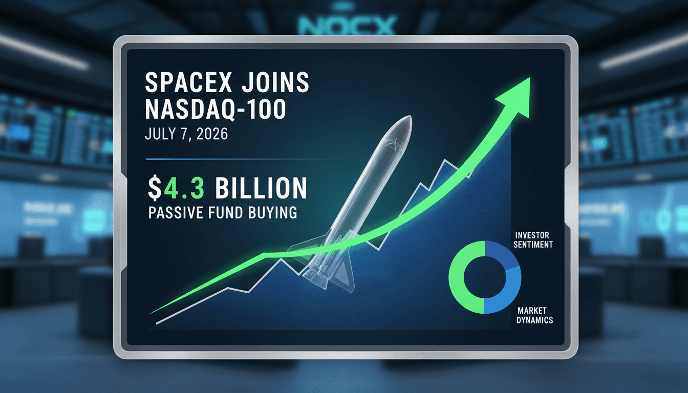 SpaceX rocket launch with Nasdaq-100 logo in the background