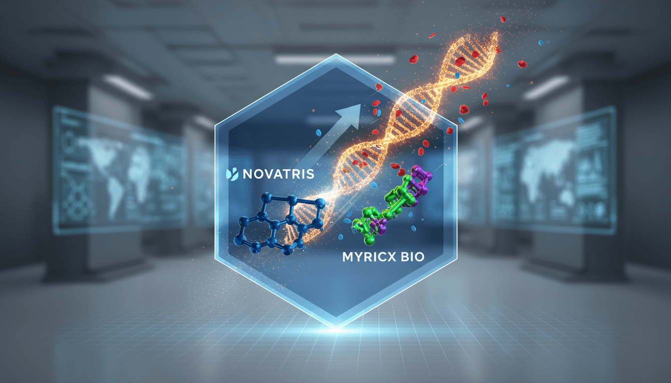 Novartis logo with a backdrop of cancer research imagery
