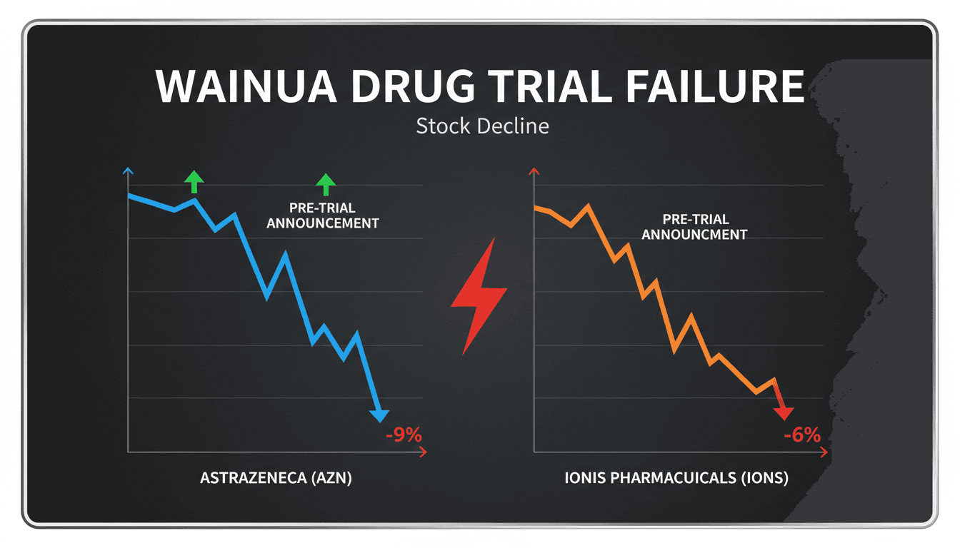 AstraZeneca and Ionis Pharmaceuticals logo with stock market decline graphic