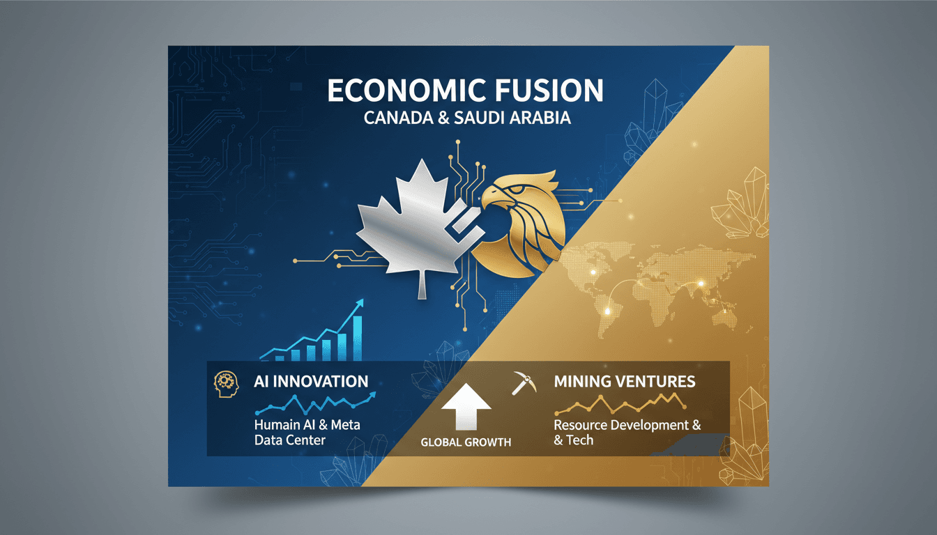 Canada and Saudi Arabia flags with AI and mining icons