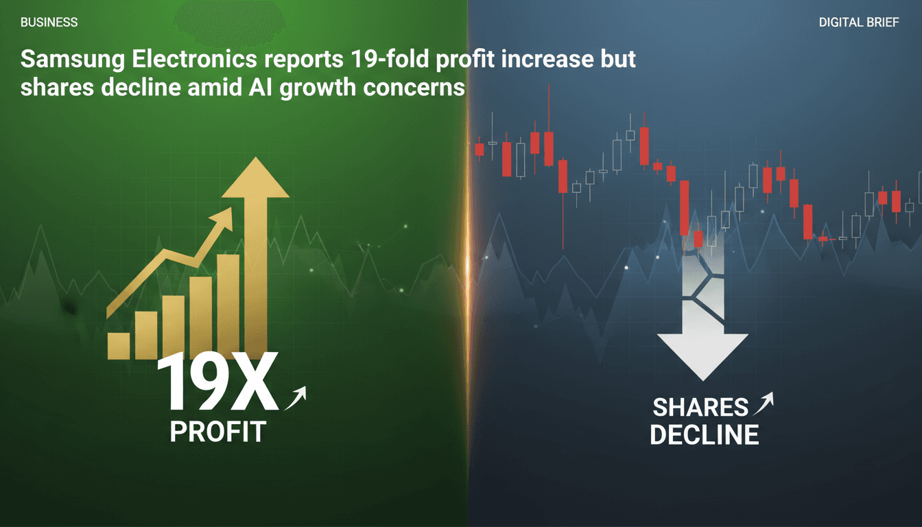 Samsung Electronics logo with a graph showing profit increase and share price decline.