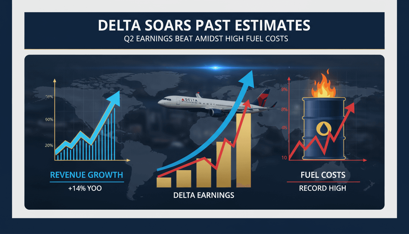 Delta Airlines logo with a backdrop of an airplane in flight