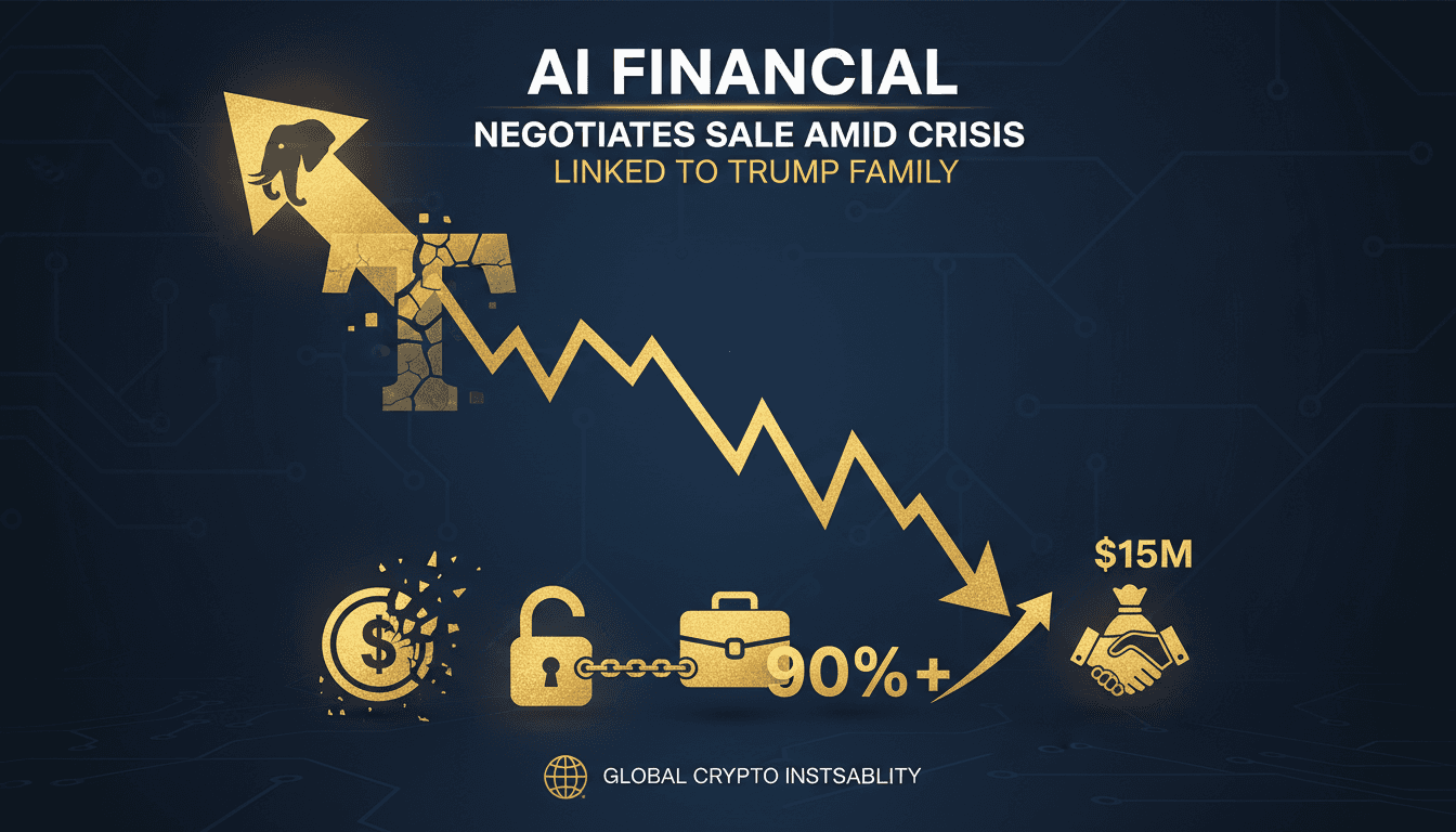 AI Financial logo with a backdrop of cryptocurrency market trends