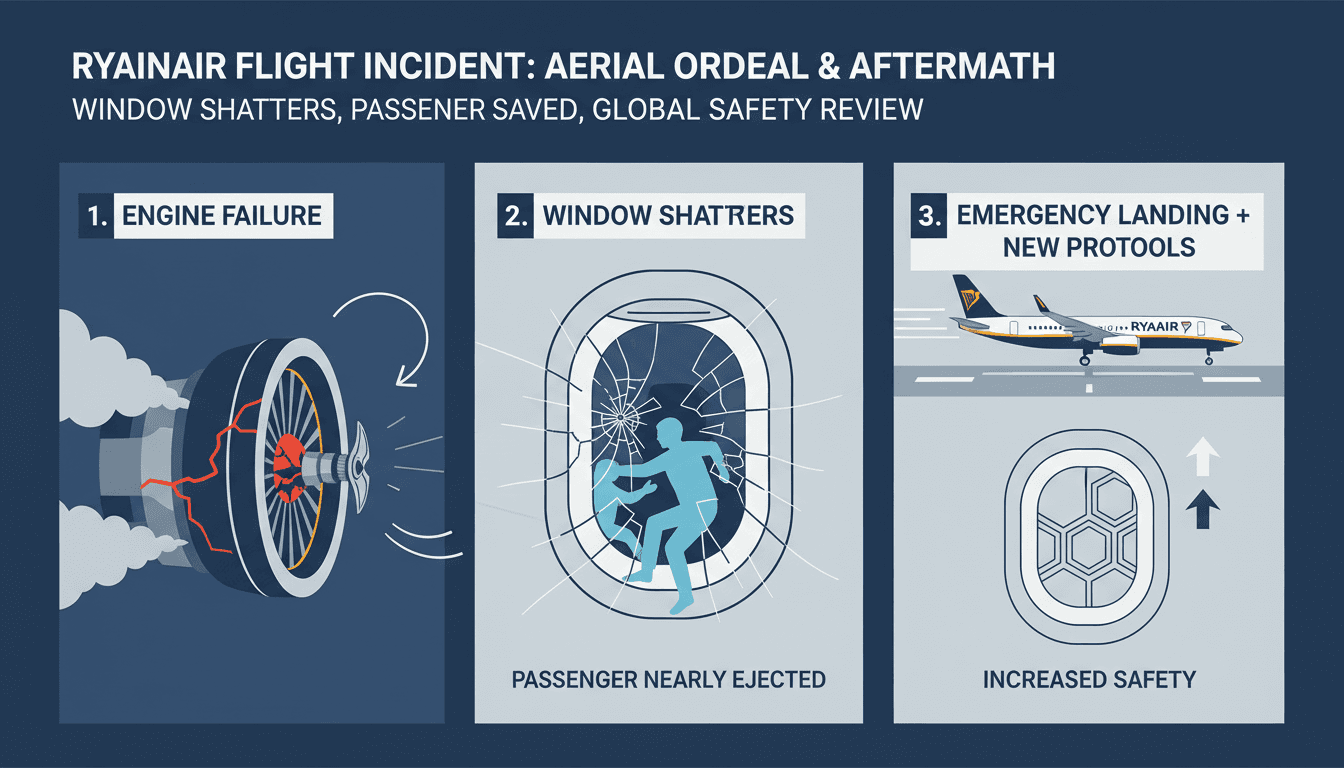 A Ryanair aircraft in flight with a focus on safety measures.