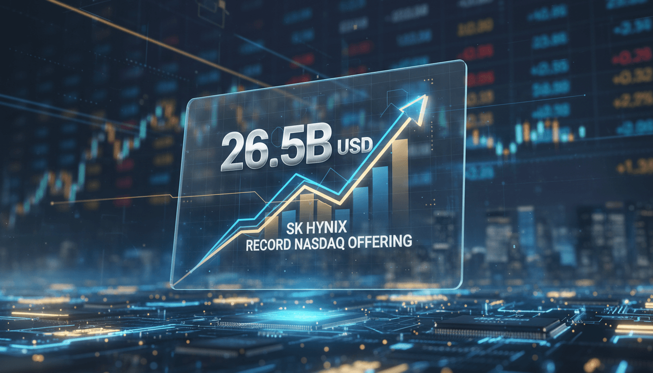 SK Hynix logo with Nasdaq background showcasing the share offering event