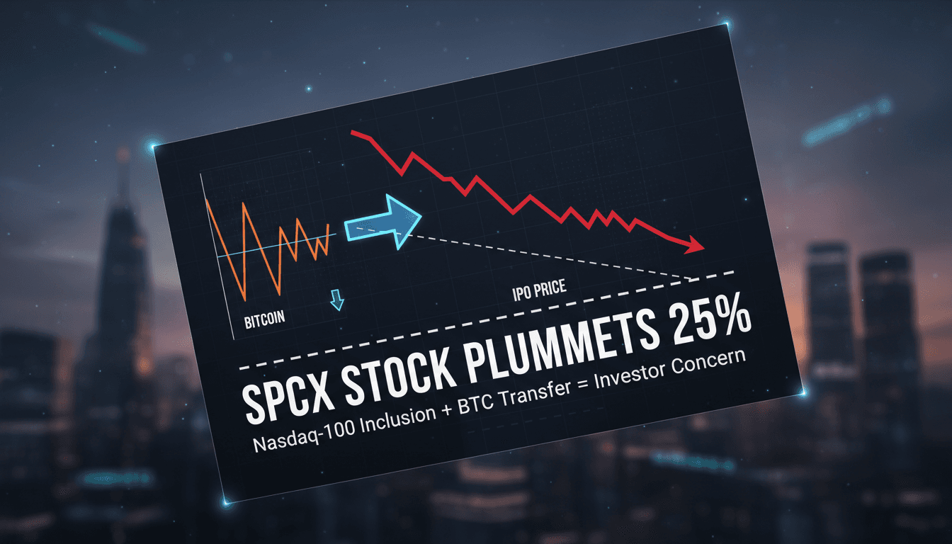 SpaceX SPCX stock chart showing decline after Nasdaq-100 inclusion