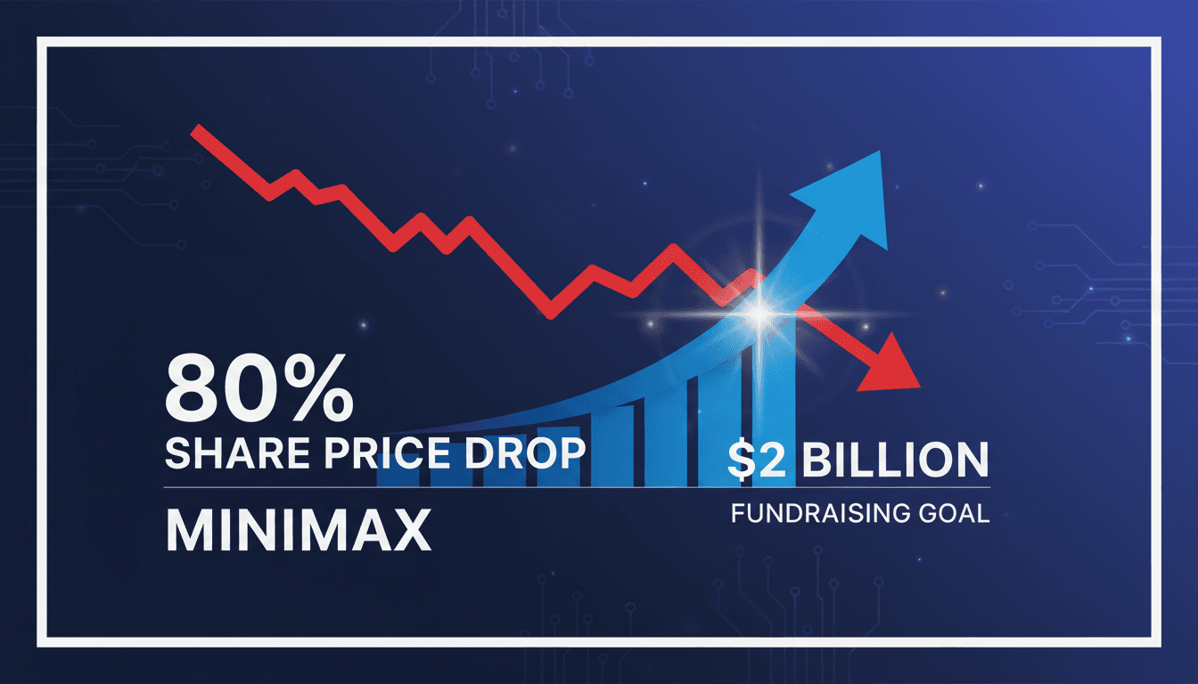 MiniMax logo with a financial graph showing share price decline and fundraising efforts.