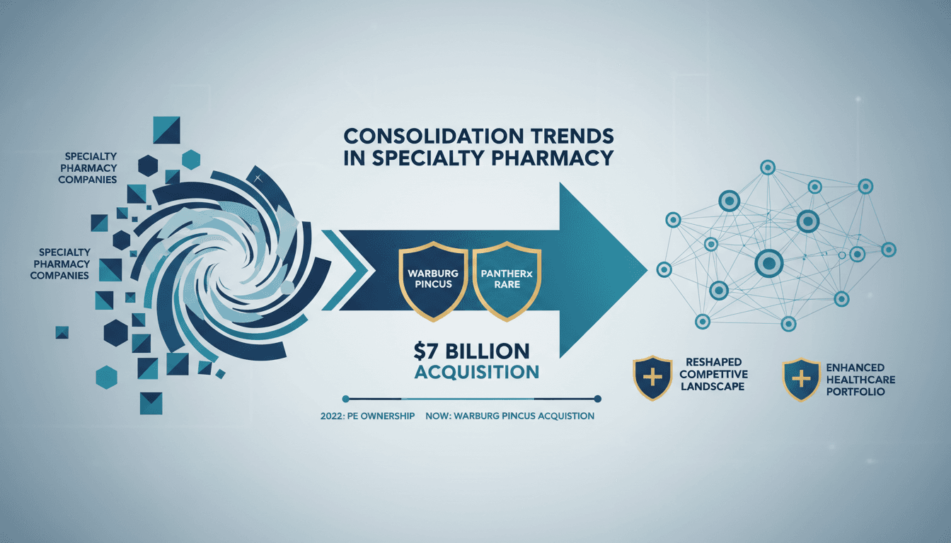 Warburg Pincus logo with a backdrop of specialty pharmacy imagery