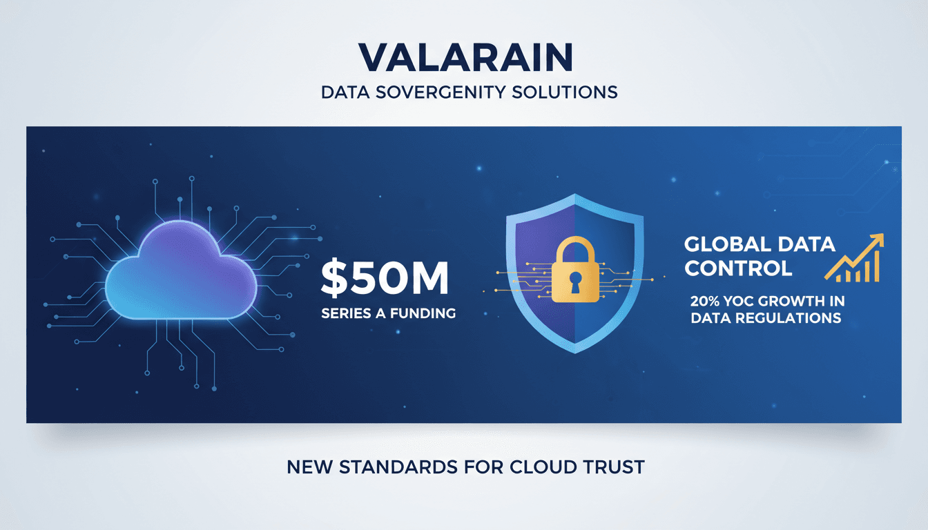 Valarian startup logo with a backdrop of cloud technology imagery.
