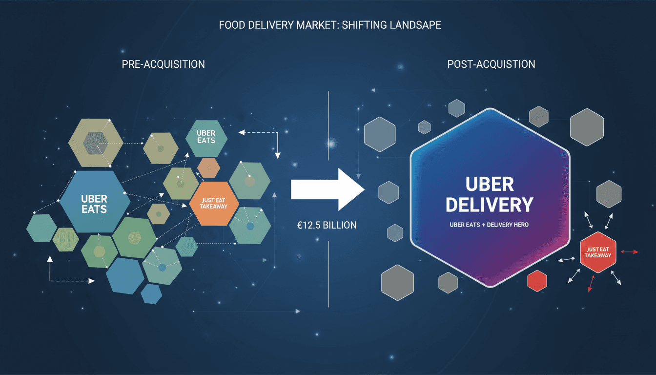 Uber and Delivery Hero logos with a backdrop of food delivery services