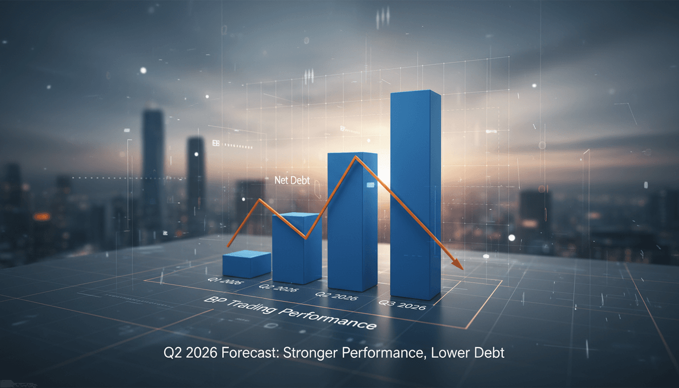 Graph showing BP's projected oil trading performance and net debt reduction for Q2 2026.