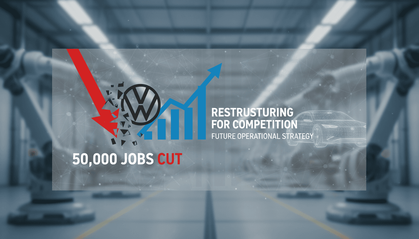 Volkswagen logo with a backdrop of an automotive factory