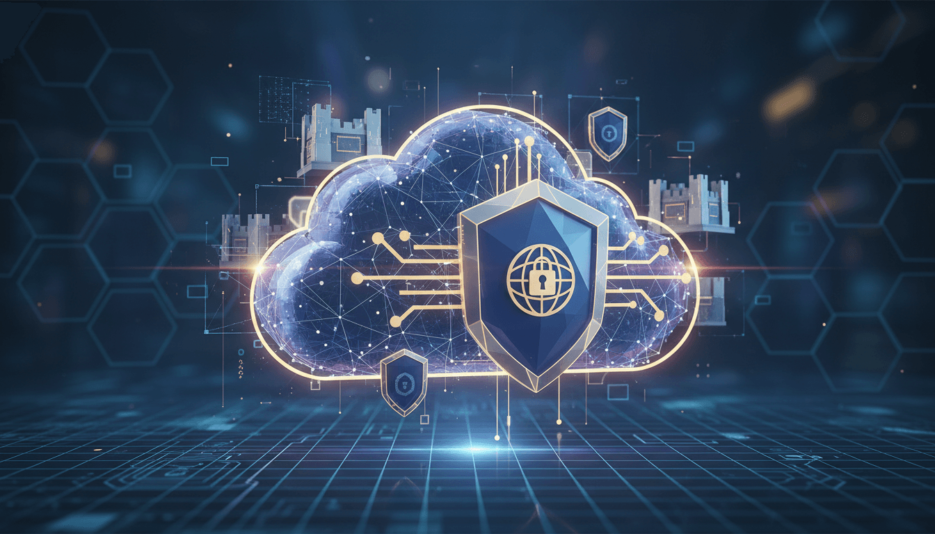 Valarian startup logo with a backdrop of cloud computing imagery.