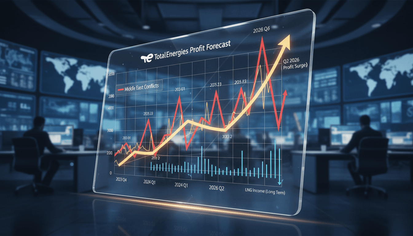 TotalEnergies logo with a backdrop of fluctuating energy prices.