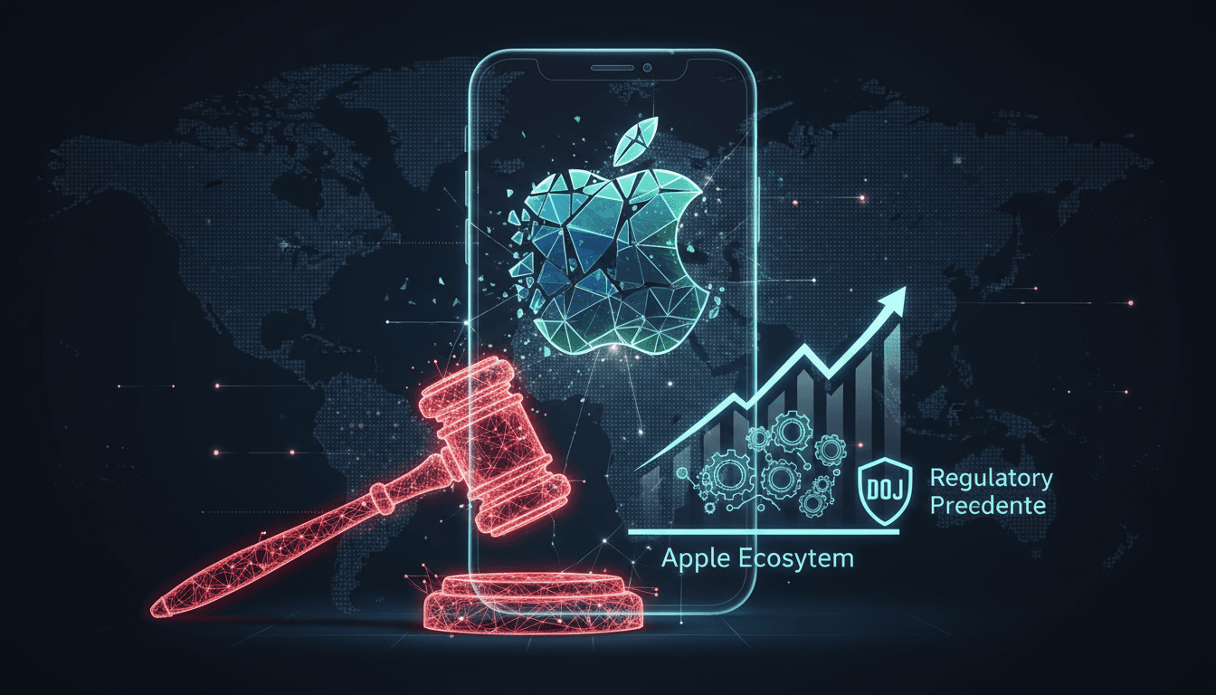 Apple logo with a gavel symbolizing antitrust discussions