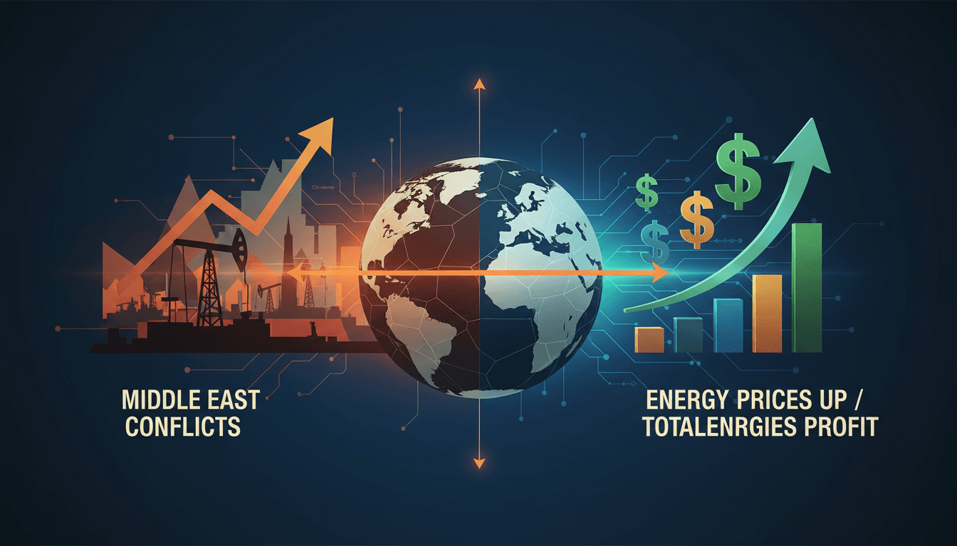 TotalEnergies logo with a backdrop of fluctuating energy prices
