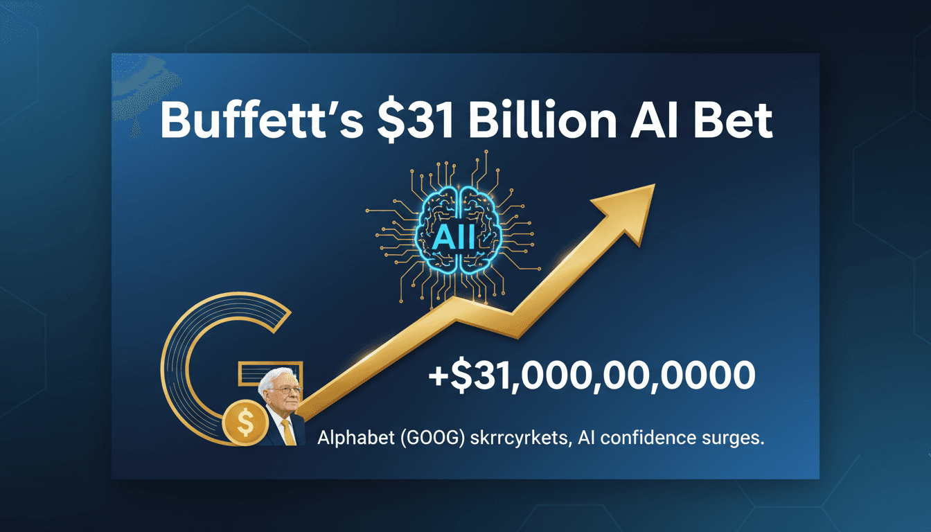 Warren Buffett announcing his investment in Alphabet, emphasizing AI potential.