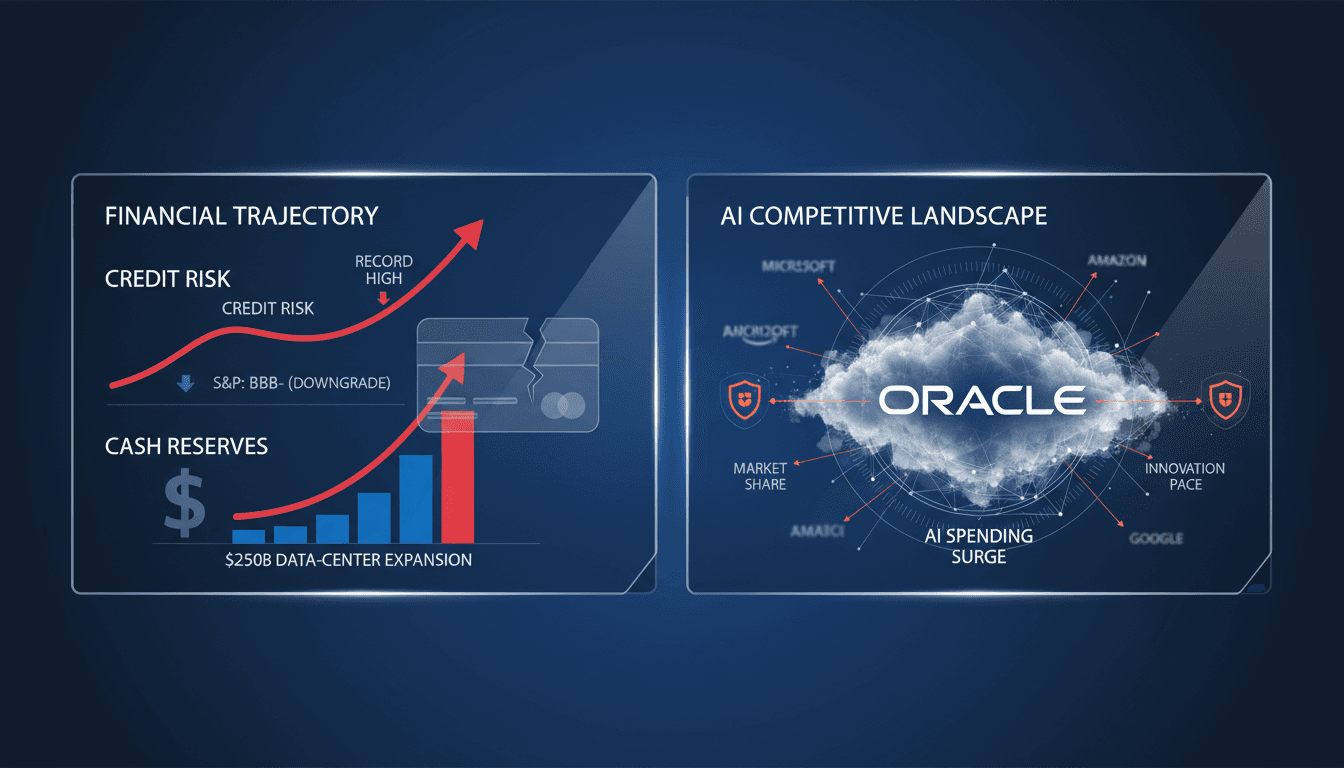 Oracle Corp logo with a backdrop of data center imagery