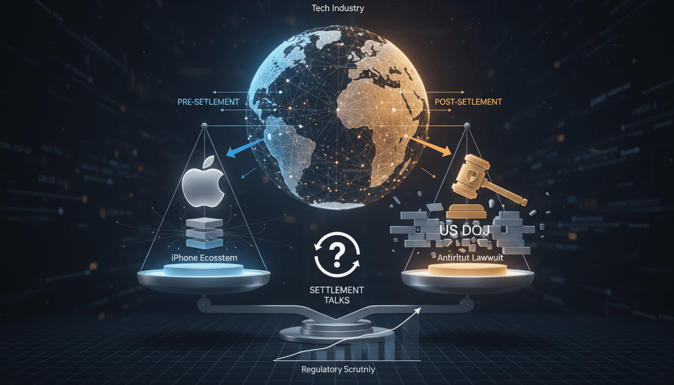 Apple logo with a gavel symbolizing antitrust legal discussions