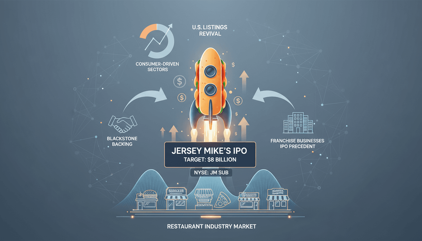 Jersey Mike's Subs logo with IPO announcement graphic