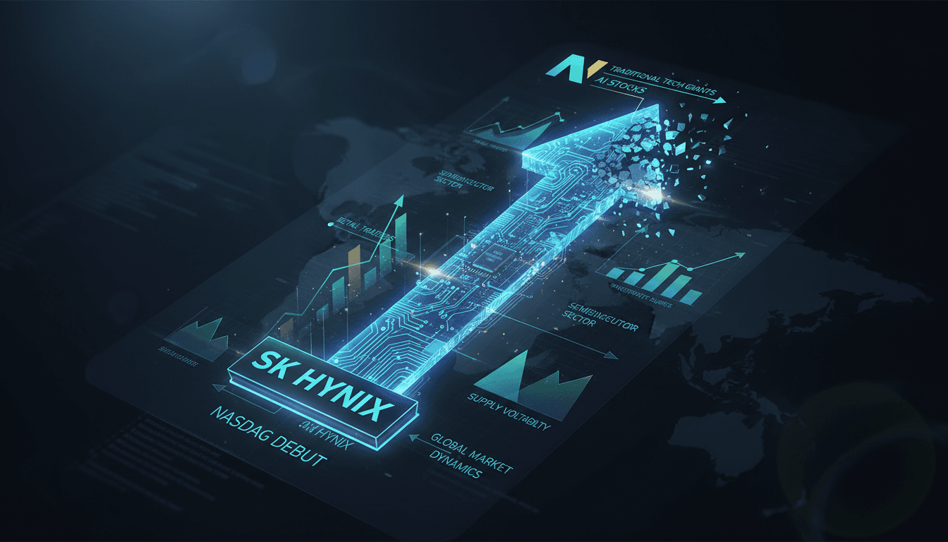 SK Hynix logo with Nasdaq background showcasing AI investment trends.