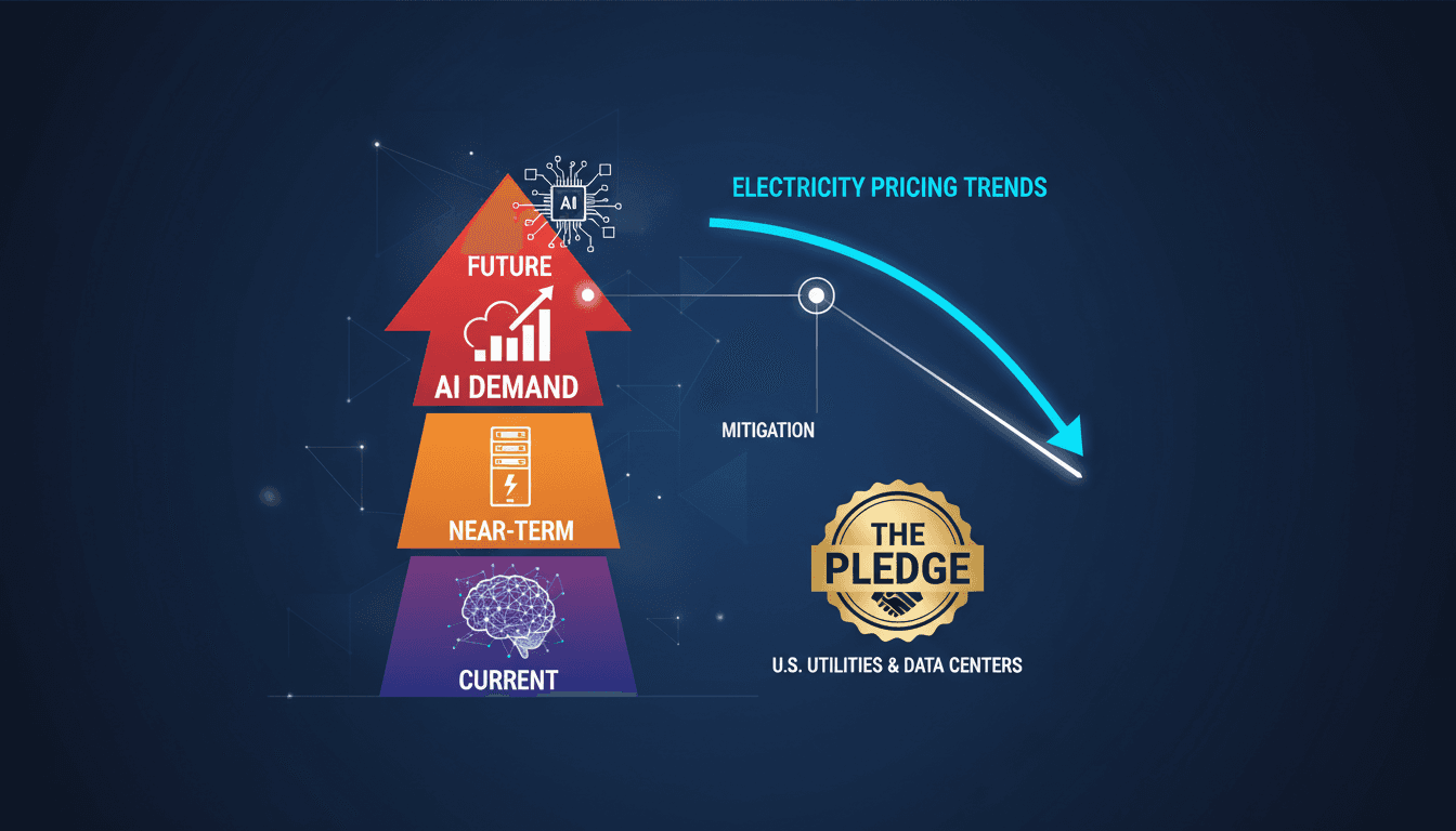 Illustration of utility companies and AI technology impacting electricity pricing.